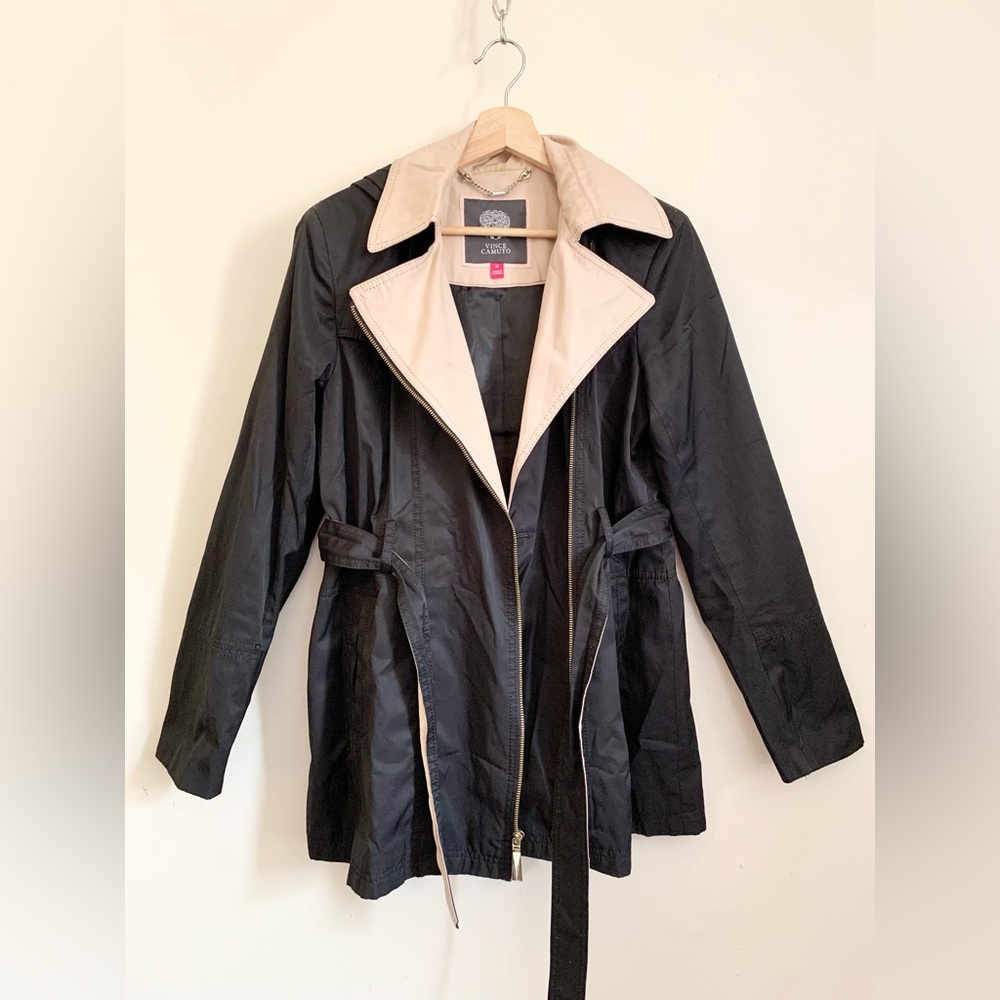 ❤️ 3/50 Vince Camuto Black Beige Zipper Hooded Coat with Belt  US Medium